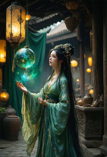 A bewitching merchant, draped in iridescent silken robes adorned with intricate gold filigree, levitates a pulsating celestial orb within a twilight bazaar stall. Low-angle perspective amplifies her towering presence against a backdrop of floating paper lanterns casting honey-gold light, their glow mingling with the orb’s sapphire radiance. Art Nouveau intricacy (Alphonse Mucha) merges with Miyazaki’s whimsy: swirling constellations inside the orb refract into prismatic shards, illuminating her hypnotic gaze and the stall’s weathered carvings. Dappled shadows deepen emerald velvet drapes; cinnamon-scented mist clings to jade trinkets. A shadowed raven watches, one wing dipped in starlight.