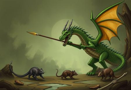 dragon holds a spear and chases a rat