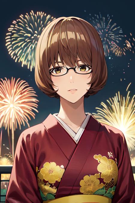 YurikoAokiR4 1girl, brown hair, brown eyes, short hair,  bangs, mole glasses