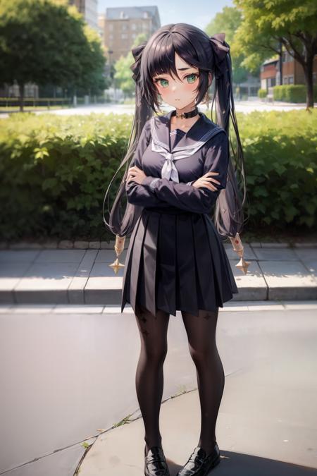 masterpiece, best quality,  <lora:mona:1>,1girl, mona (genshin impact), solo, pantyhose, school uniform, green eyes, long hair, twintails, skirt, full body, serafuku, black hair,outdoors, black serafuku, pleated skirt, very long hair, long sleeves, shoes, black skirt, holding, sailor collar, looking at viewer, neckerchief, crossed arms, hair between eyes, black footwear, bangs, standing, blush, holding card, black pantyhose, card, alternate costume, shirt, loafers, breasts, closed mouth, brown pantyhose, black shirt, black sailor collar, hair ribbon, white neckerchief, ribbon, bow, hair ornament, hair bow, standing on one leg, medium breasts