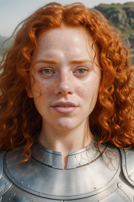 portrait photo of an open and proud looking, beautiful model like gaelic woman, long curly ginger colored hair with curls, wearing heavy chain armor, on a very bright and sunny day, georgeous face details, cinematic lighting, very high detailed, 8k, foggy background, freckles, symmetrical face, artstation, sun lit face <lora:Elixir:0.5>