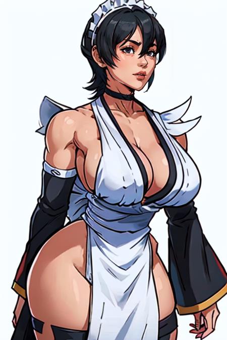 masterpiece,best quality,extreme detail,8k,<lora:iroha:0.8>,irohasnk,1girl,solo,breasts,short hair,large breasts,black hair,cleavage,detached sleeves,japanese clothes,choker,black eyes,maid,maid headdress,sideboob, white background