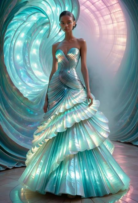 lazympos, high fashion couture gown made of l1qu1dp34rl, metal, pearlescent, iridescent turquoise and pale rose, sculpted into shell-like folds, layered in spiraling panels, glowing in ambient opal light, worn by a runway model standing in a mist-filled pearl hall