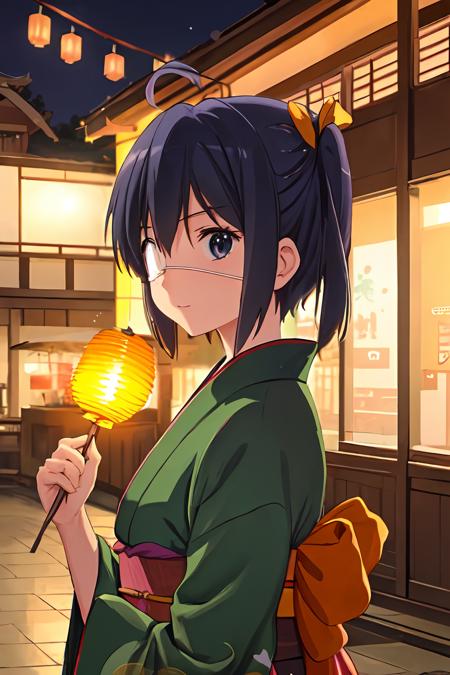 masterpiece, best quality, <lora:Rikka_FB:0.9>, ph rikka, 1girl, solo, kimono, lantern, night, fireworks, street, east asian architecture, upper body,