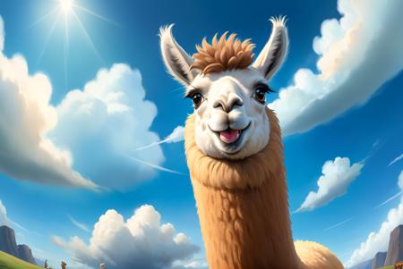 concept art <lora:FF-LLama-Generator:1> llama a llama is looking at the camera with its head tilted, portrait of a llama, llama portrait, lama, wild fluffy llama portrait, llama, llama head, alpaca, front facing camera, front facing the camera, llama angel of sunrise, llama all the way, wide angle lens photography, facing camera, Ð²ÐÑportrait of a cartoon animal, lama with dreadlocks, no humans, sky, cloud, day, realistic, outdoors, blue sky, pokemon (creature), solo, blurry <lora:FF.78.xlYamersCartoonArcadia_v1.lora:0.69>,propaganda poster,soviet poster,sovietwave . digital artwork, illustrative, painterly, matte painting, highly detailed