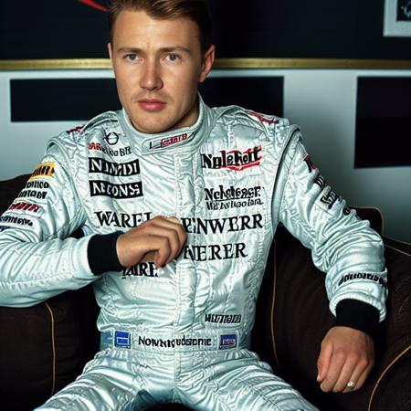 portrait of  <lora:Mika Hakkinen V0.1:0.9> sitting down on a couch, racing suit, dramatic, realistic, remote in hand, photograph, detailed, 70mm