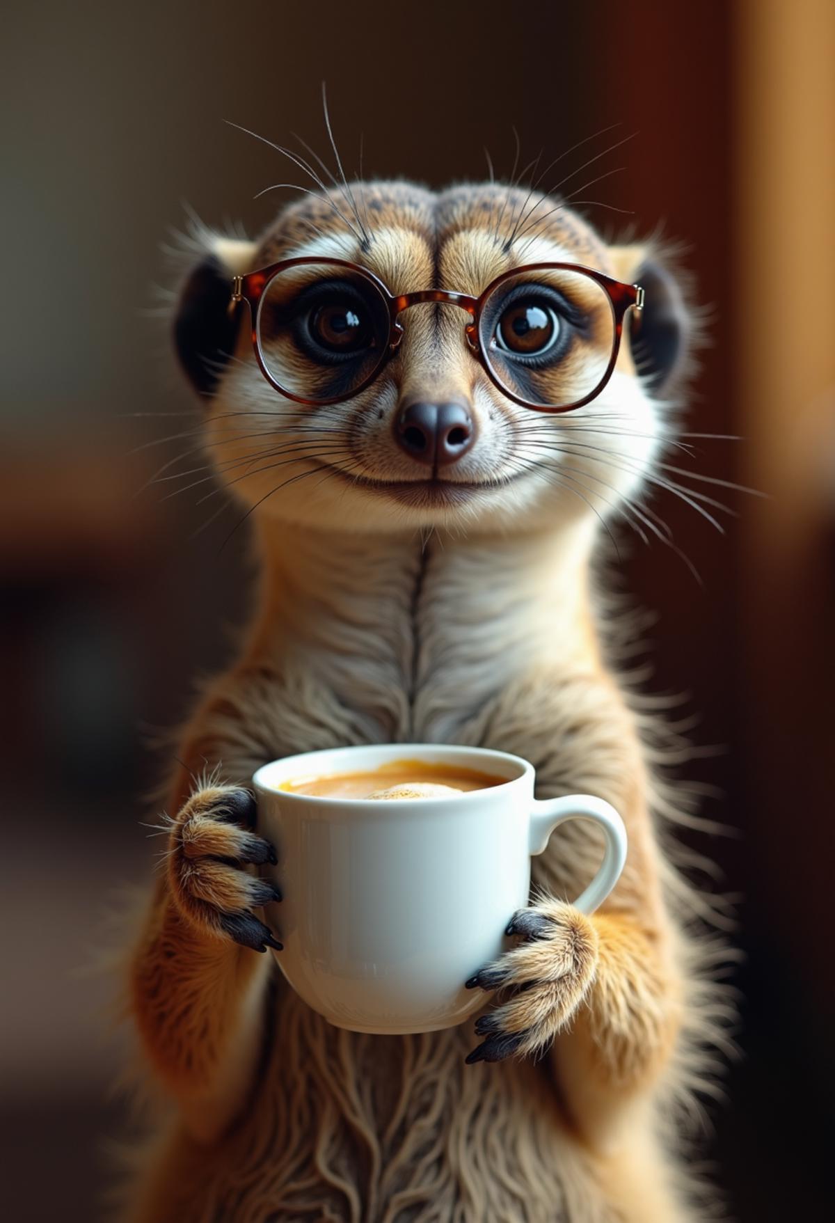 portrait of a meerkat wearing glasses and holding a white mug of hot creamy coffee with both paws, staring directly at the camera, 1920s style room, high resolution

