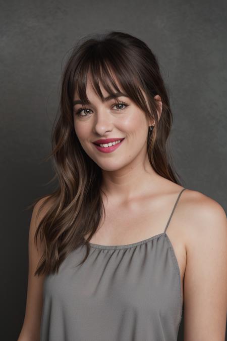 <lora:d4k0t4:0.9>, a Realistic photo of a d4k0t4 woman, looking at viewer, simple background, brown hair, bare shoulders, upper body, teeth, grey background, grin, arm up, lips, realistic, soft lighting, professional Photography, Photorealistic, detailed, inside a dark Studio Room background, blurred background, RAW, analog, sharp focus, 8k, HD, DSLR, high quality, Fujifilm XT3, film grain, award winning, masterpiece
