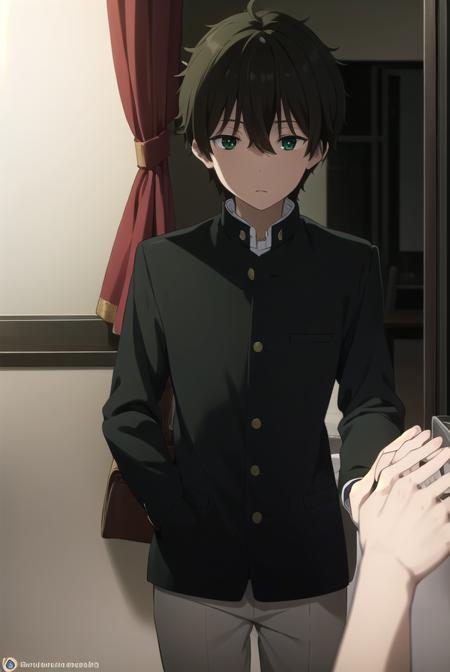 houtarouoreki, <lora:houtarou oreki s1-lora-nochekaiser:1>,
houtarou oreki, short hair, bangs, black hair, hair between eyes, (green eyes:1.5), male focus,
BREAK school uniform, gakuran,
BREAK indoors, classroom,
BREAK looking at viewer, (cowboy shot:1.5),
BREAK <lyco:GoodHands-beta2:1>, (masterpiece:1.2), best quality, high resolution, unity 8k wallpaper, (illustration:0.8), (beautiful detailed eyes:1.6), extremely detailed face, perfect lighting, extremely detailed CG, (perfect hands, perfect anatomy),