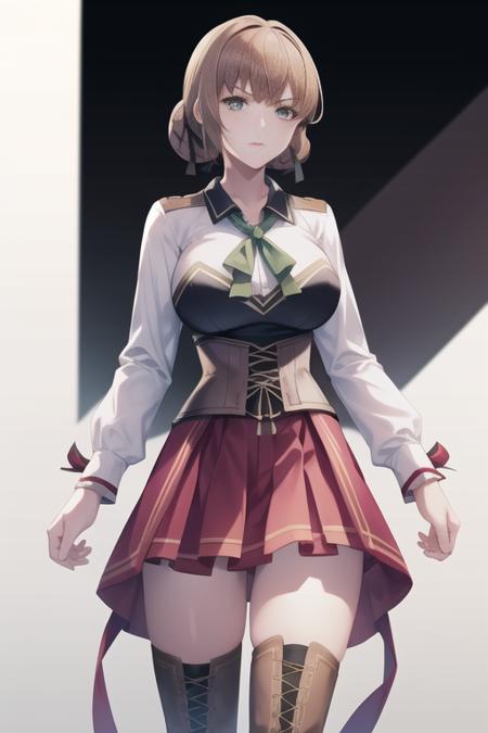 duvaliecsiv, 1girl, solo, single hair bun, hair ribbon, short hair, long sleeves, white shirt, corset,  green ribbon, school uniform, collared shirt, red skirt, pleated skirt, boots, thighhighs, thigh boots, zettai ryouiki, cross-laced footwear, duvaliestahlritter, 1girl, solo, armor, braid, breastplate, short hair, helmet, shoulder armor, gauntlets, pauldrons, shield, valkyrie, visor (armor), weapon, hair bun, sword, holding, armored dress, feathers, ribbon, sidelocks, headpiece, hair ribbon, skirt, boots, holding sword, armored boots, holding shield, greaves, knight duvaliemagicalgirl, 1girl, solo, blue skirt, short hair, hair bun, braid, ribbon, school uniform, hair ribbon, pleated skirt, serafuku, black sailor collar, boots, frills, brown footwear, lace-up boots, white shirt, short sleeves, neckerchief, plaid skirt,