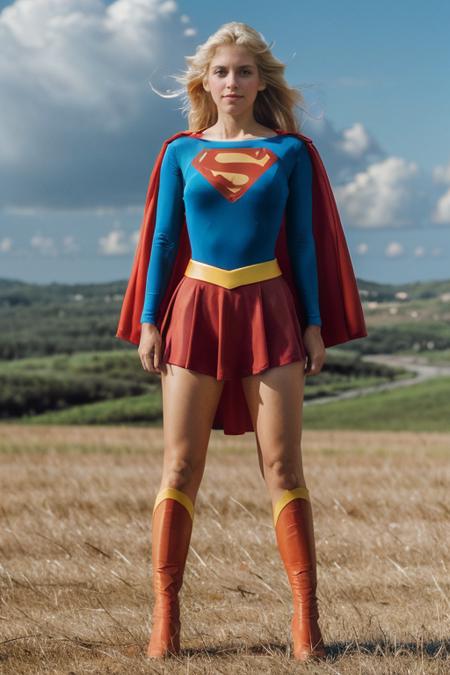 masterpiece, best quality, cinematic, volumetric lighting, very detailed, high resolution, sharp, sharp image, 4k, 8k, 35 mm,
<lora:Supergirl_1984_HelenSlater_smf_lora_v1-000003:0.9>, 1girl, s0p3r6h3l3n-smf, realistic, solo, blonde hair,  long hair, cape, looking at viewer, red cape, blue eyes, blurry background, blurry, collarbone, upper body, lips, blue shirt, bodysuit, red skirt, clouds, blue sky, hands on hips, superhero, boots, smile