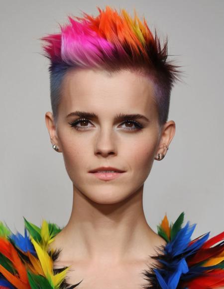 masterpiece, stunning closeup portrait photo of (ohwx woman), by Flora Borsi, style by Flora Borsi, bold, bright colours, (rainbow colored Mohawk haircut:1.25), (Flora Borsi),
