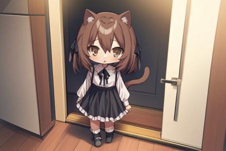 <lora:Neoki_Ohae:1>
1girl, animal ears, tail, brown hair, solo, cat ears, cat tail, skirt, shirt, brown eyes, cat girl, long sleeves, white shirt, frills, standing, wooden floor, door, socks, animal ear fluff, bangs, looking at viewer, neck ribbon, suspender skirt, collared shirt, black footwear, frilled shirt collar, chibi, indoors, ribbon, parted lips, hair between eyes, shoes, black ribbon, blue skirt, full body, open door