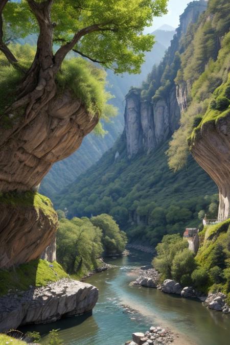 masterpiece, 8k, UHD, best quality, high res, amazing quality, 
Mysterious stone structures descend down the slope into a valley where a noisy river flows through a rocky hollow surrounded by low trees. Small multi-colored flowers grow in abundance along the slope, vines twine around the stone structures. Clear blue overhead.
awesome background, 
high detailed, intricate,
linquivera, liiv1
