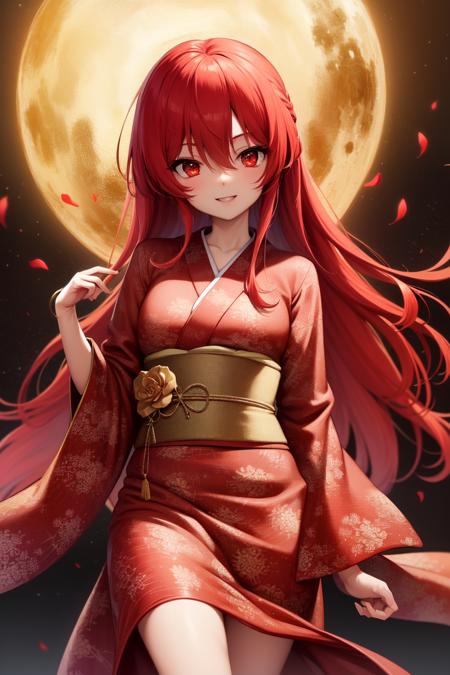 masterpiece, best quality, absurdres, perfect antomy, cinematic lighting, Shana, red hair, red eyes, kimono, flower-print, standing, cowboy shot, smile