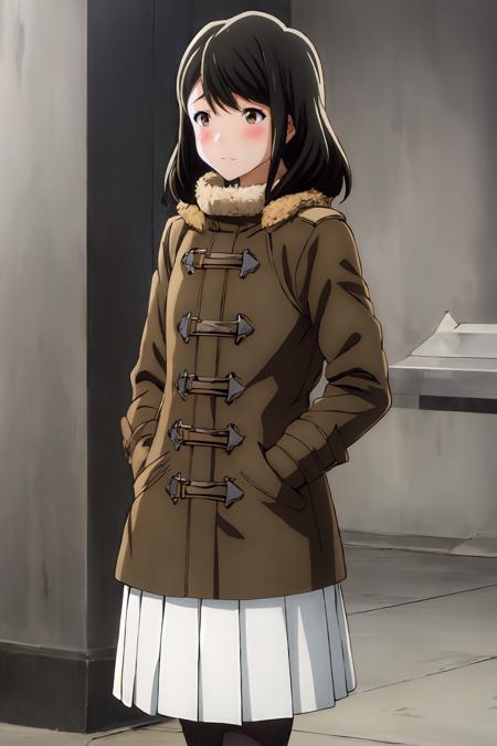 (masterpiece, best quality:1.2), highres, anime screencap, anime coloring, 1girl, solo, blush, 
Akane_Mizuno_V1, black hair, brown hair, medium hair, bangs, brown eyes, 
winter clothes, winter coat, fur trim, long sleeves, white skirt, pleated skirt, black legwear, pantyhose, boots, pink gloves, 
outdoors, 
<lora:add_detail_CyberAlchemist:0.4>, <lora:GoodHands-beta2:0.8>, <lora:AkaneMizunoV1-000010:0.9>