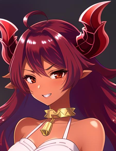 masterpiece:1.1, highest quality:1.3, <lora:dragon_girl-04:1>, drag0n girl, front view, dragon horns, dark-skinned female, red hair, long hair, shoulders, portrait,