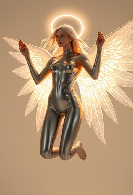 spandex angel, ethereal figure in tight, shimmering fabric, sleek and form-fitting wings, glowing soft light radiating from the body, futuristic yet divine, metallic and stretchy textures, abstract and surreal, soft flowing hair, glowing halo above, dynamic pose, high-resolution, ultra-realistic textures, reflective spandex material, glowing wings with intricate patterns, soft shadows, minimalist background, floating gracefully, futuristic fashion meets heavenly elegance, (flat and dull:-1.6), (boring pose:-1.5), (low resolution:-1.7), (overexposed lighting:-1.5), (clunky design:-1.6)
