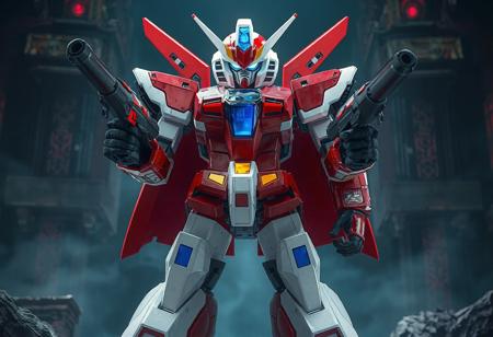 The image depicts a detailed Dark King of the Abyss robot, standing with a readiness posture, against an Altar of Restoration background. The robot, primarily red and white, features blue and yellow accents, giving a lively touch. The body is strikingly red with white and blue accents highlighting the features, while the head is a blend of red and white with a blue visor. Holding large and small guns, the robot's dynamic pose exudes a powerful message, ready for action. The image captures a compelling story, with exceptional 4K quality, vivid emotions, and beautiful detailed eyes. Trending on Artstation and 8k, the artwork is a front and backlit masterpiece.