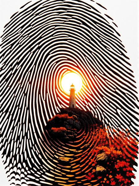 A captivating piece of digital art showcasing a fingerprint meticulously transformed into a mesmerizing landscape. The swirls and ridges of the fingerprint form the basis for an awe-inspiring scene of a proud lighthouse standing on a rocky shoreline, illuminated by the tender glow of a dawning sun. The striking autumnal color palette, featuring shades of orange, yellow, and red, brings the scene to life with vibrant energy. The white paper that the fingerprint was printed on is elegantly visible in the valleys of the print, harmoniously merging human identity with the wonders of nature. This masterpiece invites viewers to reflect on the connection between personal identities and the grandeur of the natural world, celebrating the uniqueness of each individual and our shared admiration for the universe's magnificence.