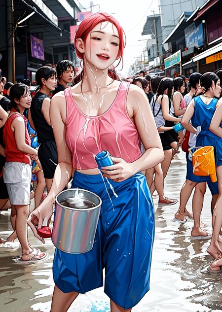 (water splash:1.5) (Round-necked Sleeveless,Krachao top:1.5)(holding Bucket:1.3),photorealistic painting ((full body)) portrait of (( (Cute Girl masterpiece woman:1.3)))( ,cheeks with flour(chubby:1.2) Beautiful  WOMAN,Long Blonde hair:1.3) (at (a Thailand (KAOSANROAD,Street view,Alley,(wet street:0.7),Water splash,Songkran Festival:1.4):1.3):1.1)Sandal,Fitflop,WEaring kcdress  outfits, Round-necked Sleeveless  top,(short pant:1.3):1.3)
, ((perfect face)),blush cheek, intricate, 8k, highly detailed, volumetric lighting, digital painting, intense, sharp focus,detailed background,<lora:tohdana:0.4>realistic photography,TILT SHIFT,F1.2,LEICA <lora:krachao2:1>