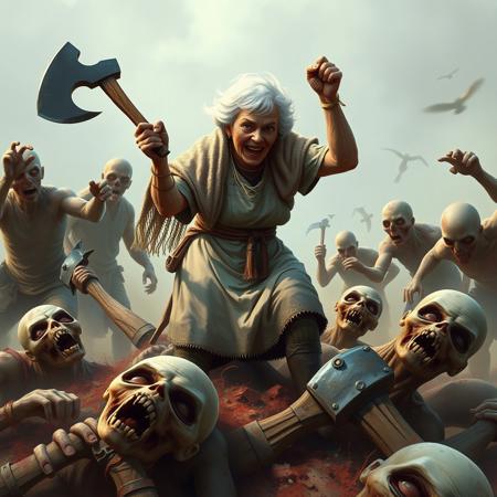 score_9, score_8_up, score_7_up, a 89 years old woman white short hair with apron and shawl big knitting needles on belt holding an axe fighting with zombies on top of a pile of defeated dead zombies