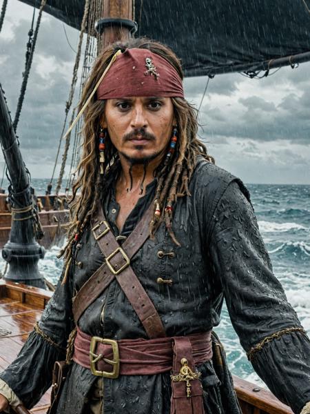 photography of Captain Jack sparrow, cloudy and raining, standing on a pirate ship, Tsunami wave, 35mm photograph, professional, 4k, highly detailed, intricate details, fine details, detailed textures