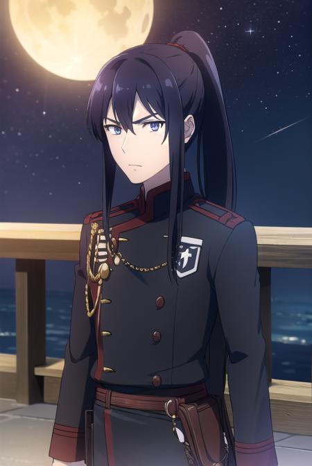 yuu kanda, long hair, black hair, ponytail, male focus, uniform, military, military uniform,