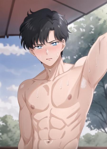 1boy, solo focus, male focus, black hair, blue eyes, looking at viewer, upper body,topless male, topless, armpits, blush, sweat,toned male,arms behind head,embarrassed,      <lora:chiba_mamoru_eternal:0.7> <lyco:husbandoLocon_v33:0.4>