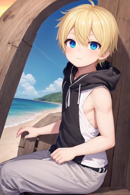 (1boy:1.4),
multicolored background, looking at viewer, hair between eyes, highlight in eyes, (very short hair),
crew cut, (blonde hair:2), (fully clothed :1.4), colorful eyes, ((masterpiece,4:1)),  full shot,
multiple details, sky, sea, beach,  whole body, short hair, handsome, (bulge:0.4), 
beautiful eyes (vocaloid), delicate features, high light in eyes, (narrow chin:1.5), triangle chin,  (introvert:1.6)
petite, young, juvenile, short hair, detailed beautiful little boy, adorable boy, sparkling eyes, (sunset beach), muscular:0.6