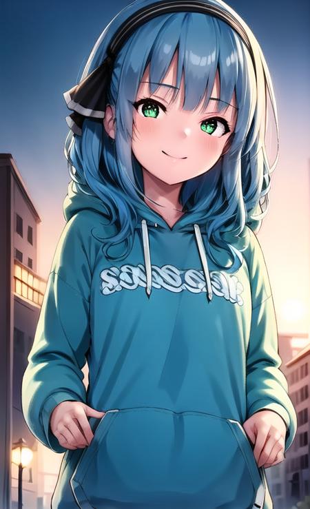 ((masterpiece)), (((best quality))), ((ultra-detailed)), ((illustration)), finely detail, extremely detailed CG unity 8k, highres, beautiful detailed eyes, finely detail, beautiful detailed eyes
1girl, green eyes, solo, smile, hood, blue hair, outdoors, hairband, hoodie, black hairband, looking at viewer, bangs, upper body, long hair, closed mouth, hood down, black ribbon, drawstring, ribbon, hair ribbon, day, blush, striped, blue hoodie, long sleeves,