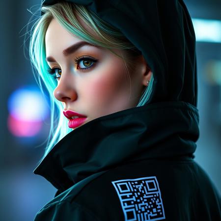 cyberpunk, closeup portrait of a woman with a half robot face, pastel green/teal/purple,  wearing a black high collar hooded parka with technical macro writing resembling an qr-code//bar-code on the back, solo, woman, high collar parka,