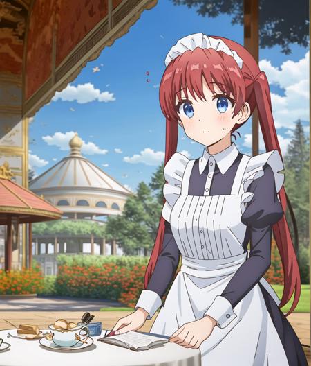 Mia, Anne, 2girl, cloudy, tiara, blue blouse, beautiful eyes, maid apron, 
BREAK
Mia with beautiful eyes In the courtyard of the palace, a girl sits beneath a pavilion, reading her diary at a table while sipping tea and contemplating a selection of pastries
BREAK
Anne with beautiful eyes in maid apron standing behind the table
 <lora:tearmoon_ep01_lohad8_attn-mlp:0.95>