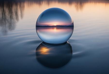 An infinite, calm water surface stretches across the scene, reflecting the soft pastel hues of a serene sunset. Above the water floats a perfectly round, transparent glass sphere, glistening faintly with refracted light, its surface shimmering with refracted light that captures faint glimmers of distant stars and the silhouettes of serene trees. Surrounding the sphere are delicate ripples in the water, creating a mesmerizing interplay of motion and stillness. Distant mountains fade into the misty horizon, adding depth and tranquility. The sphere's transparency captures hints of the sky and surroundings, merging the ethereal with the natural in a harmonious, surreal atmosphere.