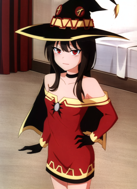 batman adventures, parody, megumin, 1girl, bare shoulders, black cape, black gloves, black hair, blush, cape, choker, collarbone, dress, hair between eyes, hat, long sleeves, looking at viewer, medium hair, off-shoulder dress, off shoulder, red dress, red eyes, sidelocks, solo, witch hat, indoors, ((masterpiece)) <lora:batman_adventures_offset:1>