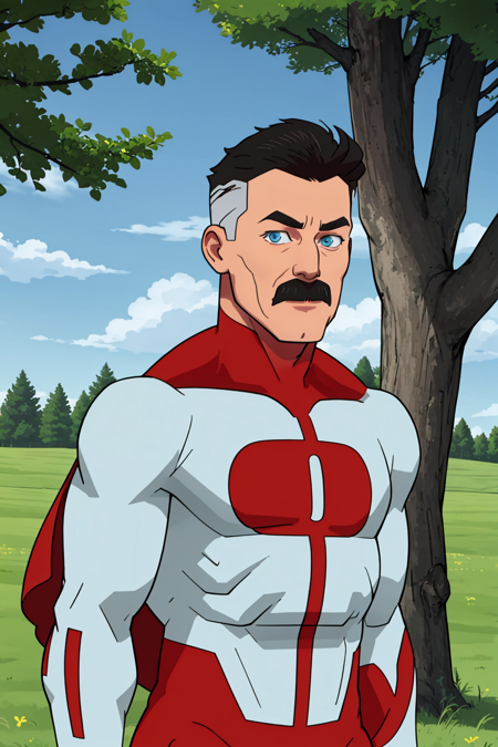 masterpiece, best quality, 1boy, omniman, black hair, short hair, blue eyes, mustache, bodysuit, red cape, upper body, solo, looking at viewer, blue sky, grass, trees, meadow background <lora:Omniman:1>