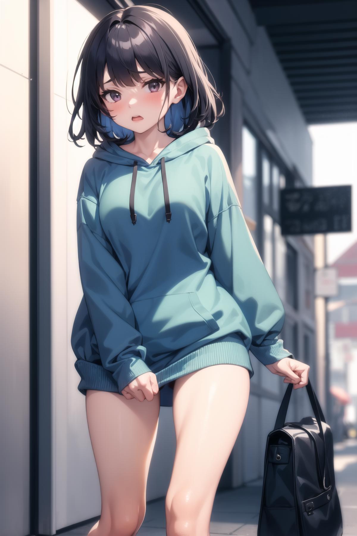 A young woman wearing a blue hoodie and shorts.