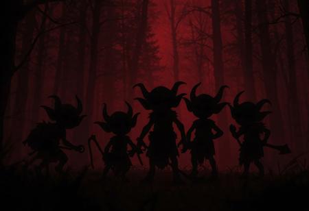 Score_9_up, Score_8_up, Score_7_up, (Masterpiece, Best_Quality, Highest_Resolution, 
Extremely_Detailed, group of 5Goblin, silhouette, ultra detailed, around 1human, cute, detailed, small, silhouette, in a forest, dark red night, fine fog, enpowering contrast, low angle shot, background, goblin village, .
Natural light, slight post-processing, contrast boost, neutral tone grading. dark fantasy,