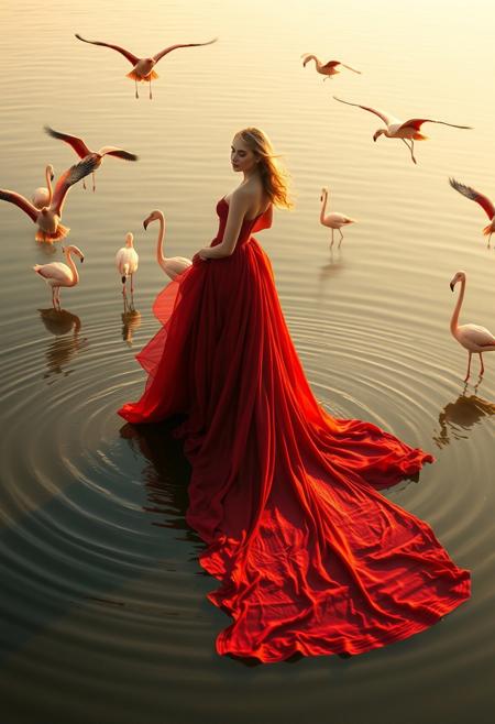 A stunningly beautiful woman standing gracefully in the middle of a serene shallow lake surrounded by elegant flamingos. She wears a flowing, deep red gown with a long, dramatic train that trails into the water, creating ripples around her. Her presence is regal and ethereal, with soft wind catching her gown and hair. The flamingos gently circle her, some in flight, others wading gracefully nearby. The lighting is golden hour, casting warm reflections on the water and highlighting the vibrant contrast between the red dress and the soft pink of the flamingos. Ultra-detailed, cinematic composition, elegant, high-resolution, fashion fantasy, surreal beauty.