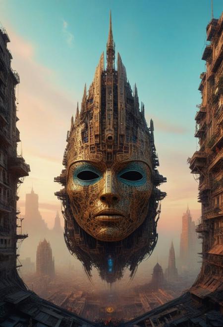 Visualize a futuristic mask, geometry and digital artwork by Beksinski, symbolizing online community in the style of incorporate elements that evoke a sense of magic, building with a large spaceship complex, elegant, expansive, fantastical, film photography style, heavy grain