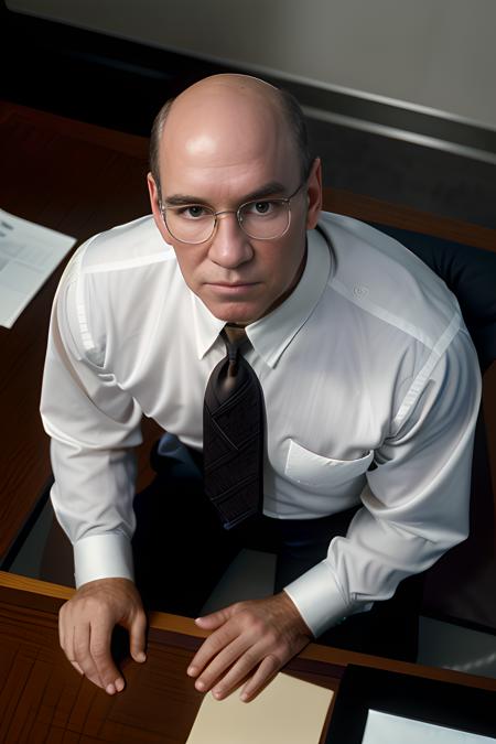 mitch_pileggi, portrait, glasses, worried look, white business shirt, black jacket, tie,
sitting at a desk in the office, from above, upper body,
<lora:mitch_pileggi:0.8>