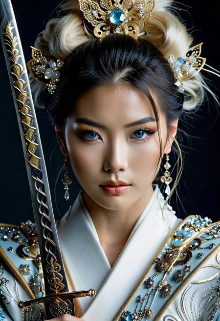 score_9, score_8_up, score_7_up,
Realistic close-up of a 20 year old woman Asian, who is the focal point. Her striking features include white painted kin, exceptionally bright, almost luminous icy-blue eyes, and long, flowing platinum blonde hair styled in an elegant updo. Her hair is accented with an elaborate jeweled hairpiece, a delicate and ornate arrangement of gold and various sparkling stones, predominately in shades of white and light blue. She also wears elegant, dangling earrings that complement the hairpiece. Her clothing is equally opulent, a light, almost white, garment with intricate detailing.
The woman grips a katana (a Japanese sword) with both hands, holding it across her body, partially obscuring her face. The sword's hilt is extravagantly decorated with a similarly lavish design as her jewelry and clothing, featuring intricate gold metalwork and numerous embedded jewels that shimmer and catch the light. The blade itself is long and gleaming, reflecting a subtle light.
The lighting in the picture is dramatic and seemingly ethereal, creating a soft glow around the woman, emphasizing her striking eyes and the details of her clothing and the sword. The color palette consists mostly of cool tones, with the icy blue of her eyes and the silvery-white of her clothing highlighting the use of gold and sparkling accents, creating a visually striking contrast.
Samurai , cinematic, ninja, samurai
(real photograph:2.0), fflix-geisha