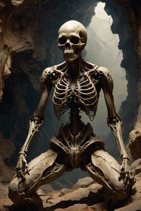 The image depicts a skeletal figure with a humanoid form sitting in a dark and eerie environment. The figure appears to be made of bone or a similar material, with a skull-like head and a ribcage visible on its torso. It is positioned in a crouched posture, with its arms wrapped around its knees, giving it a closed and defensive stance. A notable feature of this figure is the multiple elongated, spider-like limbs extending from its back. These limbs are thin, bony, and jointed, resembling the legs of a spider or insect. The texture of the limbs suggests they are made of the same material as the skeletal body. The background is dimly lit, with shadows creating an ominous atmosphere. The setting seems to be a cave or underground chamber, with rough, rocky walls. The lighting is primarily from the left side, casting shadows that accentuate the texture and details of the figure and its surroundings. The overall mood of the image is dark and unsettling, with the skeletal figure's posture and setting contributing to a sense of mystery and foreboding. <lora:extremely_detailed:1> <lora:SDXLFaeTastic2400:1>