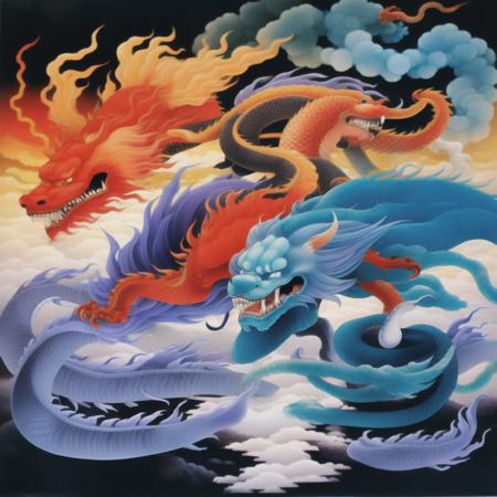 azure dragon  multiple_tails, no_humans, open_mouth, orange_eyes, smoke, teeth, tentacles, traditional_media, waves, wavy_hair<lora:aki:1>