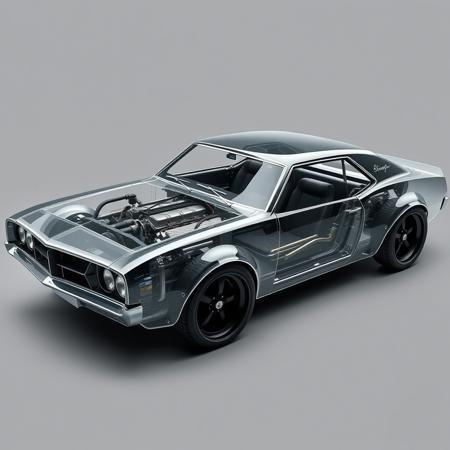 the classic muscle car is made of carbon tubes, has hexagonal body elements, covered with transparent matte plastic, the insides and engine of the car are visible through the plastic, many pipes and wires are also visible along with the body tubes, 3/4 side view