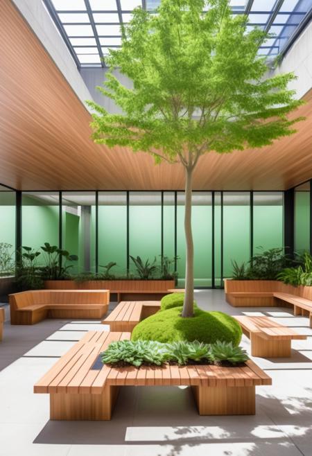 (expert craftsmanship:1.8), (high resolution photography:1.2), (brutalist green outdoor atrium:1.8), (realistic wood material:1.5), (large space, multipurpose space, cozy, tree, plants:1.9), (finely crafted parts:1.4), (comfortable seating, playful planters, warm, friendly:1.5), (whimsical:1.7), (solarpunk, brutalist, Bauhaus Design aesthetic:1.7)