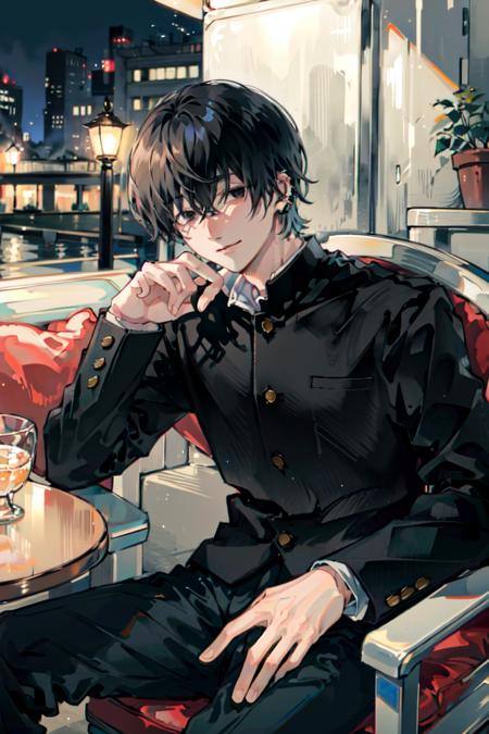 (masterpiece, best quality), illustration, <lora:yoshidahirofumi_csmv2:1>, yoshida_csm, crossed bangs, default_outfit, gakuran, buttons, black pants, smile, city, night, outdoors, cowboy shot, sitting, teacup, strawberry shortcake, head rest, arm rest, looking at viewer