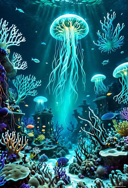 underwater fantasy world, ancient glowing ruins, coral forests, bioluminescent sea creatures, deep blue ocean, surreal and mystical, floating jellyfish, magical water currents, cinematic composition, high-resolution fantasy realism BREAK masterpiece, best quality, amazing quality, very aesthetic,highres, absurdres, An epic photo of ocean