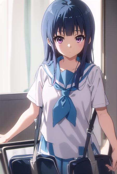 mizoreyorizuka, <lora:mizore yorizuka s2-lora-nochekaiser:1>,
mizore yorizuka, yoroizuka mizore, long hair, bangs, blue hair, (pink eyes:1.3),
BREAK skirt, shirt, school uniform, white shirt, short sleeves, pleated skirt, serafuku, sailor collar, blue skirt, neckerchief, blue sailor collar, school bag, blue neckerchief, kitauji high school uniform,
BREAK indoors, classroom,
BREAK looking at viewer, (cowboy shot:1.5),
BREAK <lyco:GoodHands-beta2:1>, (masterpiece:1.2), best quality, high resolution, unity 8k wallpaper, (illustration:0.8), (beautiful detailed eyes:1.6), extremely detailed face, perfect lighting, extremely detailed CG, (perfect hands, perfect anatomy),