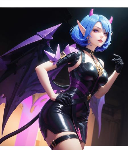 ((big breasts)), wings, 1girl, solo, looking at viewer, short hair, large breasts, gloves, dress, medium breasts, blue hair, tail, purple hair, horns, pointy ears, hand on hip, thigh strap, demon girl, demon horns, demon tail, demon wings [purple hair: blue hair:0.2],  <lora:veera-06:0.9>, (castle), gloom, darkness, mountains, ghosts, death, purple background, ((glow)), BREAK bat, purple lips, 2 wings, (masterpiece,best quality:1.5)